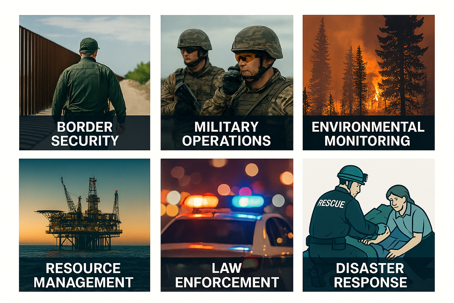 use-case collage showcasing where multi-domain monitoring applies